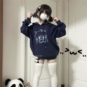 復古加絨寬松宅女小個子連帽衛衣