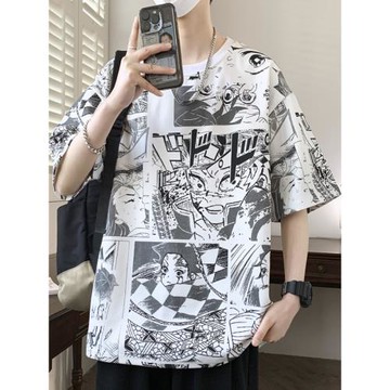 大碼潮流動漫滿印短袖寬加肥加大t恤半袖重磅夏季寬松男生胖子