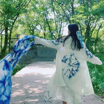 一澈原創設計手工植物藍染扎染文藝防曬飄逸仙女袍子開衫改良漢服