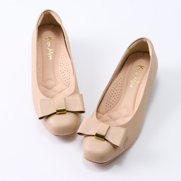 Kuru Mira法式浪漫真皮蝴蝶結低跟鞋-奶茶卡其