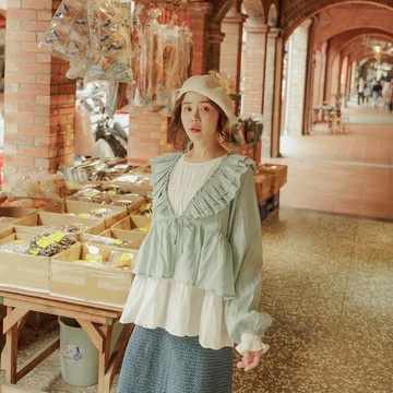 QUEENSHOP_S 女裝 荷葉領片綁帶長袖罩衫上衣 三色售 現+預 【01099494】