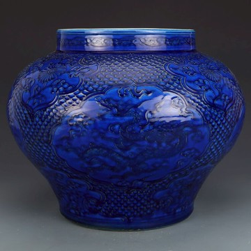元祭藍雕刻龍鳳紋大罐仿古瓷器古董古玩舊貨老貨收藏品真品擺件