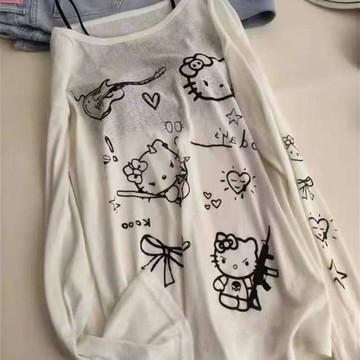 臺灣出貨 短袖T寬鬆上衣短袖上衣女生敲可愛~kitty印花長袖T恤女春夏新款寬鬆防曬休閒罩衫上衣ins