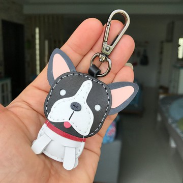 療癒小物 黑白色 法鬥 狗 純手工縫製 手工皮革 鑰匙扣 小尺寸