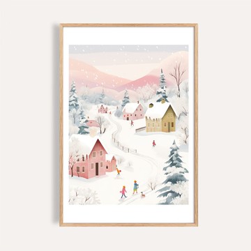 冬季粉色雪村 Pink Winter Village / 粉彩雪國景觀掛畫 海報