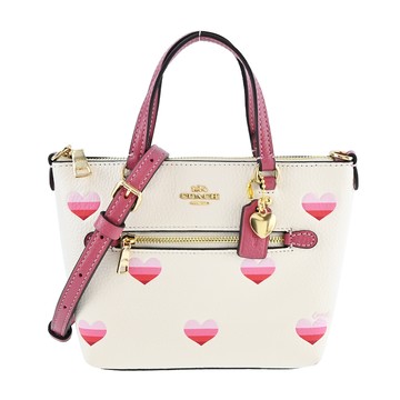 COACH Gallery 條紋愛心印花前拉鍊口袋手提/斜背托特包(迷你/粉筆白)