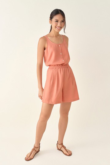 純天絲休閒高腰寬鬆束腰短褲 - 粉橙色 香港品牌 環保時尚