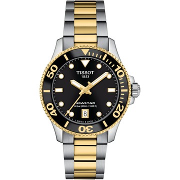TISSOT 官方授權 Seastar 1000海洋之星300米潛水錶/黑X半金/36mm/T1202102205100