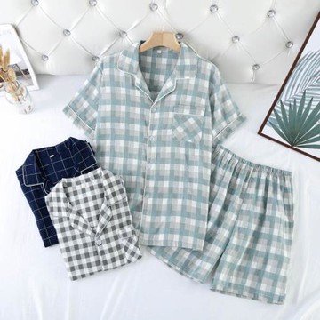 睡衣男款夏季純棉紗布新款夏天薄款短袖短褲格子風男士家居服套裝