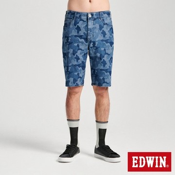 EDWIN 男裝 冰河玉斜紋 迦績JERSEYS 迷彩丹寧短褲-拔洗藍