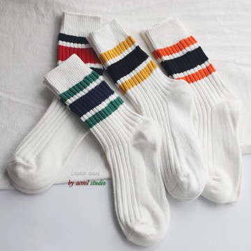 襪子男秋冬季純棉中筒長襪余文樂日系粗線條紋撞色潮牌高筒堆堆襪