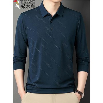 啄木鳥夏季冰絲t恤男士長袖2025新款中年休閑翻領薄款爸爸體恤衫