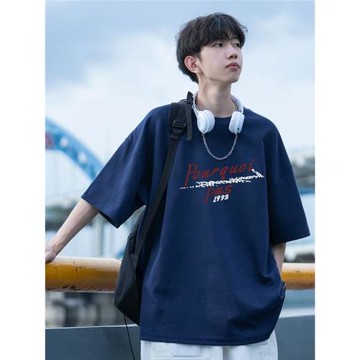 100%純棉短袖t恤男士港風高中生潮流寬松五分袖ins情侶半截袖體恤