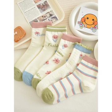 田園風襪子女中筒襪春秋款純棉透氣甜美卡通日系百搭女生運動中腰
