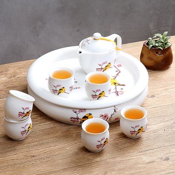 陶瓷功夫茶具雙層茶杯青花瓷帶瓷盤整套泡茶具儲水圓形干泡盤家用