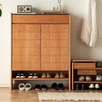 公司貨 超低價 實木鞋櫃門口超薄置物櫃巖板日式櫻桃木防塵入戶大容量家用玄關櫃 快速發貨