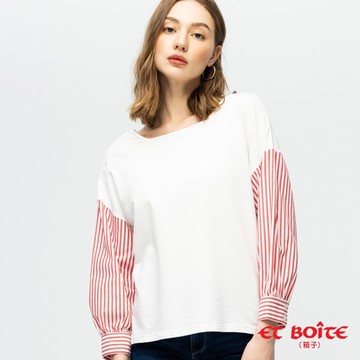 ETBOITE箱子 BLUE WAY –方型領剪接七分袖上衣(紅白條)