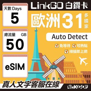 LINKGO白鑽卡 歐洲31國 eSIM卡 5天上網卡 總流量50GB(歐洲網卡 西班牙 德國 奧地利 英國)
