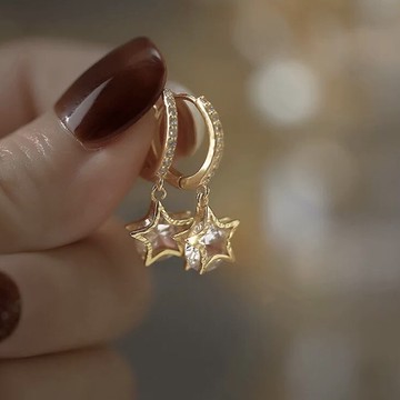 M46 星星易扣式耳環 法式針式耳扣 閃亮五角星 水鑽 垂墜 星星 耳環