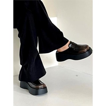 韓國女鞋時尚潮流小個子顯瘦松糕厚底復古銅棕色包頭外穿半拖鞋女