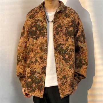 復古水墨印花復古設計感ins垂墜感長袖花襯衫外套男女 休閒百搭潮潮襯衫外套