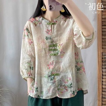 初色 文藝小清新短款寬鬆花卉印花撞色盤扣單排釦圓領七分袖襯衫上衣女上衣-共3色-12929(M-3XL可選/現貨+預購)