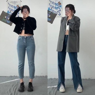佰分佰/S-5L/開叉拖地牛仔褲/適合胯大腿粗/顯瘦/闊腿褲/百搭/直筒寬鬆長褲/大尺碼