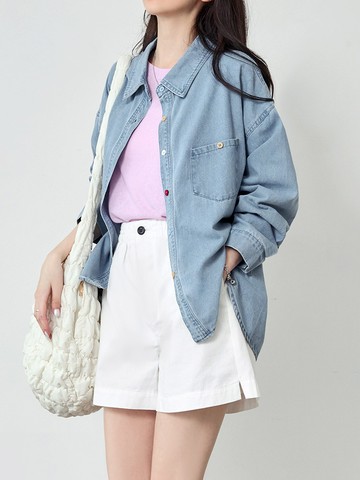 純棉休閒彩釦開衩襯衫上衣