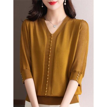 V領中袖七分袖上衣女薄款中年媽媽夏裝冰絲針織衫漂亮半袖t恤小衫