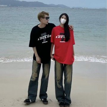 S-3XL 藍色單色 美式復古牛仔長褲 情侶百搭痞帥高級感直筒牛仔褲 簡約時尚寬鬆休閒牛仔褲