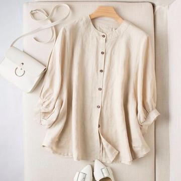 棉麻上衣夏文藝復古小衫復古襯衣寬松娃娃衫休閑七分袖亞麻襯衫女