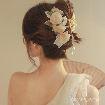🔥可開發票#新款超僊森係網紗花朵抓夾高級感流蘇髮夾氣質女後腦勺鯊魚夾髮飾#免運