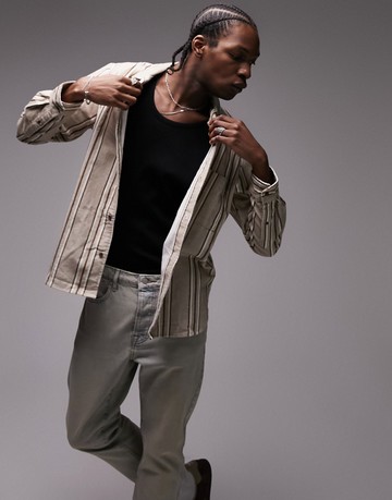 Topman long sleeve regular cord stripe shirt in stone-Neutral