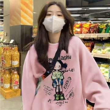 無帽衛衣女 圓領衛衣 印花長袖 秋冬衛衣 寬鬆印花長袖 舒適休閒衛衣 百搭衛衣 加絨加厚上衣 大學t 衛衣女