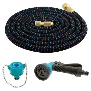 FAmILyLIFE 生活 第七代防爆高壓彈力伸縮水管 水槍 + 氣密式轉接頭 + 水管 FL-104-B 使用7.5m 收納2.5m 450g  1個  條紋藍