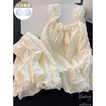 甜美杏色花邊睡衣女夏季純棉帶胸墊吊帶性感小個子簡約寬松家居服