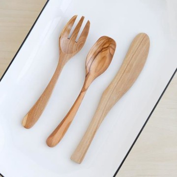 橄欖木彎柄刀叉勺餐具套裝兒童叉冰淇淋勺黃油刀實木飯勺甜品勺叉