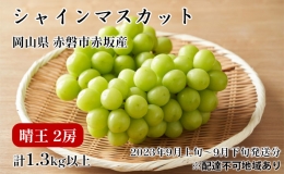 ぶどう 2024年 先行予約 シャイン マスカット 晴王 2房 合計1.3kg以上 2024年9月上旬～9月下旬発送分 ブドウ 葡萄 岡山県 赤磐市産 国産 フルーツ 果物 ギフト 赤坂青空市