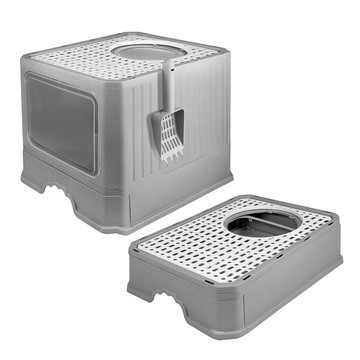 哈囉毛孩 下進上出 可折疊雙門貓砂盆 Set 附貓砂鏟 全封閉設計 隔臭防濺 凝結型貓砂 底部抽屜式 耐用PP材質  低調灰  1個  49.7 x 39.5 x 38cm