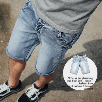 【N9565J】立體抓皺洗舊刷色牛仔短褲 (UC1834)