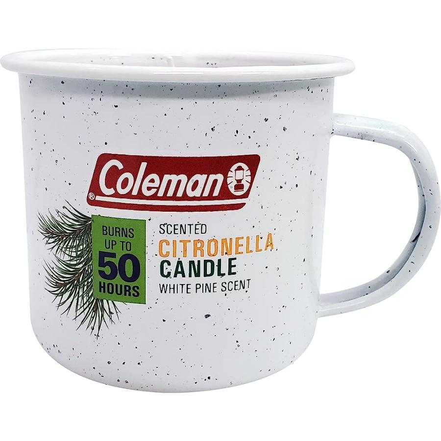 COLEMAN REPELLENTS TIN MUG OUTDOOR CITRONELLA CANDLE RUSTIC OUTDOOR CAMPING CANDLE WITH WHITE PINE SCENT, WHITE