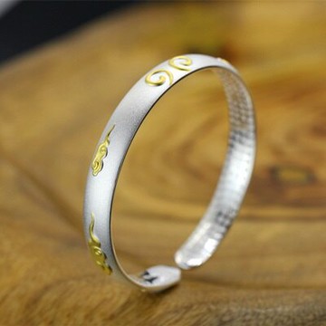 現貨+預購 純銀手環泰銀手鐲-鍍金霧面心經開口情人節生日禮物男女飾品73na37【獨家進口】【米蘭精品】