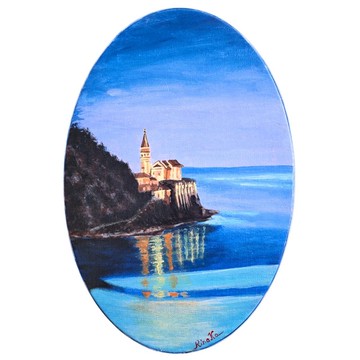 海邊舊城區的晚間風景原創藝術手繪 作者 RinaArtSK