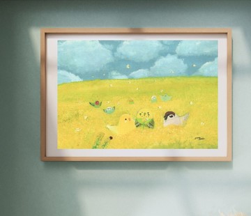 A4 含羞草花環插畫海報 水彩風小鳥與自然風景 虎皮鸚鵡