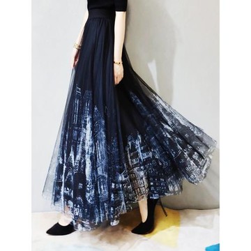 愛丫家 新款水墨漸變高腰半身裙 大碼顯瘦花色a字仙女裙紗裙長裙