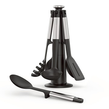 Joseph Joseph Elevate系列 不沾桌矽膠料理鏟杓5件組 附旋轉底座  1組  瀝油鍋鏟 + 瀝油湯匙 + 湯匙 + 義大利麵杓 + 湯杓 +旋轉底座  銀色/黑色