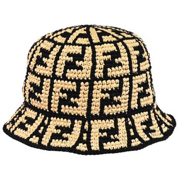 FENDI 滿版LOGO編織造型遮陽/漁夫帽(黃/黑邊)