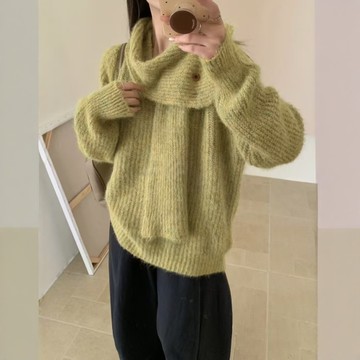 BAi白媽媽 V領鈕扣圍巾毛衣／可拆圍脖馬海毛針織衫 Casual－【350730】