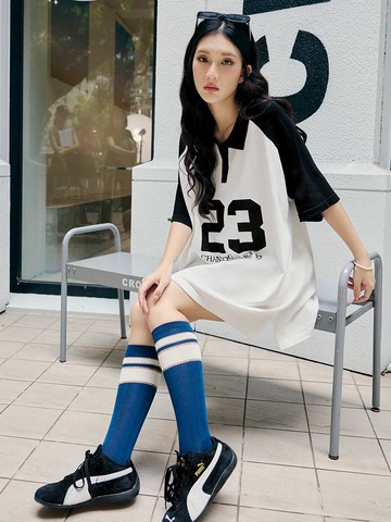 POLO領撞色拉克蘭袖長版上衣