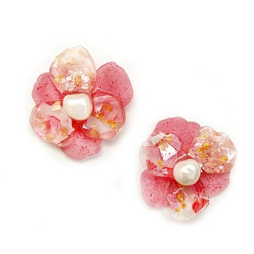 日本樹脂粉色貝殼花朵耳環.耳夾